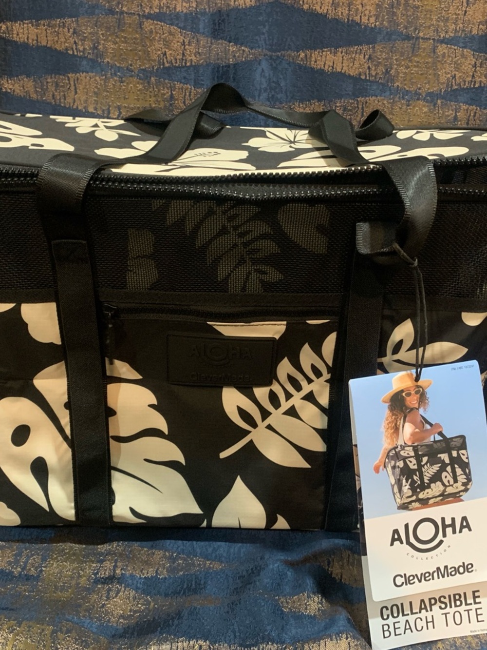 ALOHA Collection Black & Cream Tropical Collapsible Tote